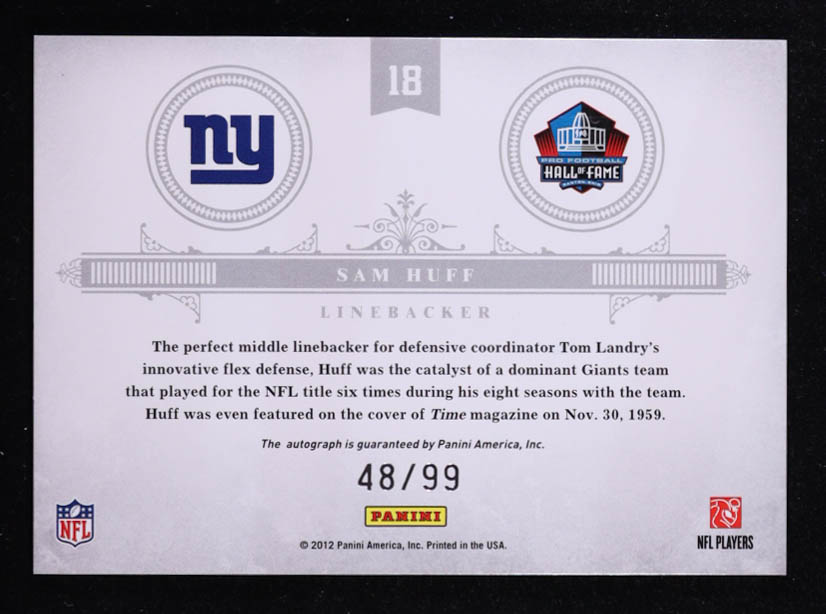Sam Huff 2011 Playoff National Treasures Emblems of the Hall Signatures #18 #48/99 at PristineAuction.com Sam Huff 2011 Playoff National Treasures Emblems of the Hall Signatures #18 #48/99 at PristineAuction.com