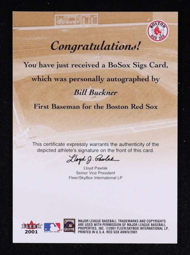 Bill Buckner 2001 Fleer Red Sox 100th BoSox Sigs #2 at PristineAuction.com Bill Buckner 2001 Fleer Red Sox 100th BoSox Sigs #2 at PristineAuction.com