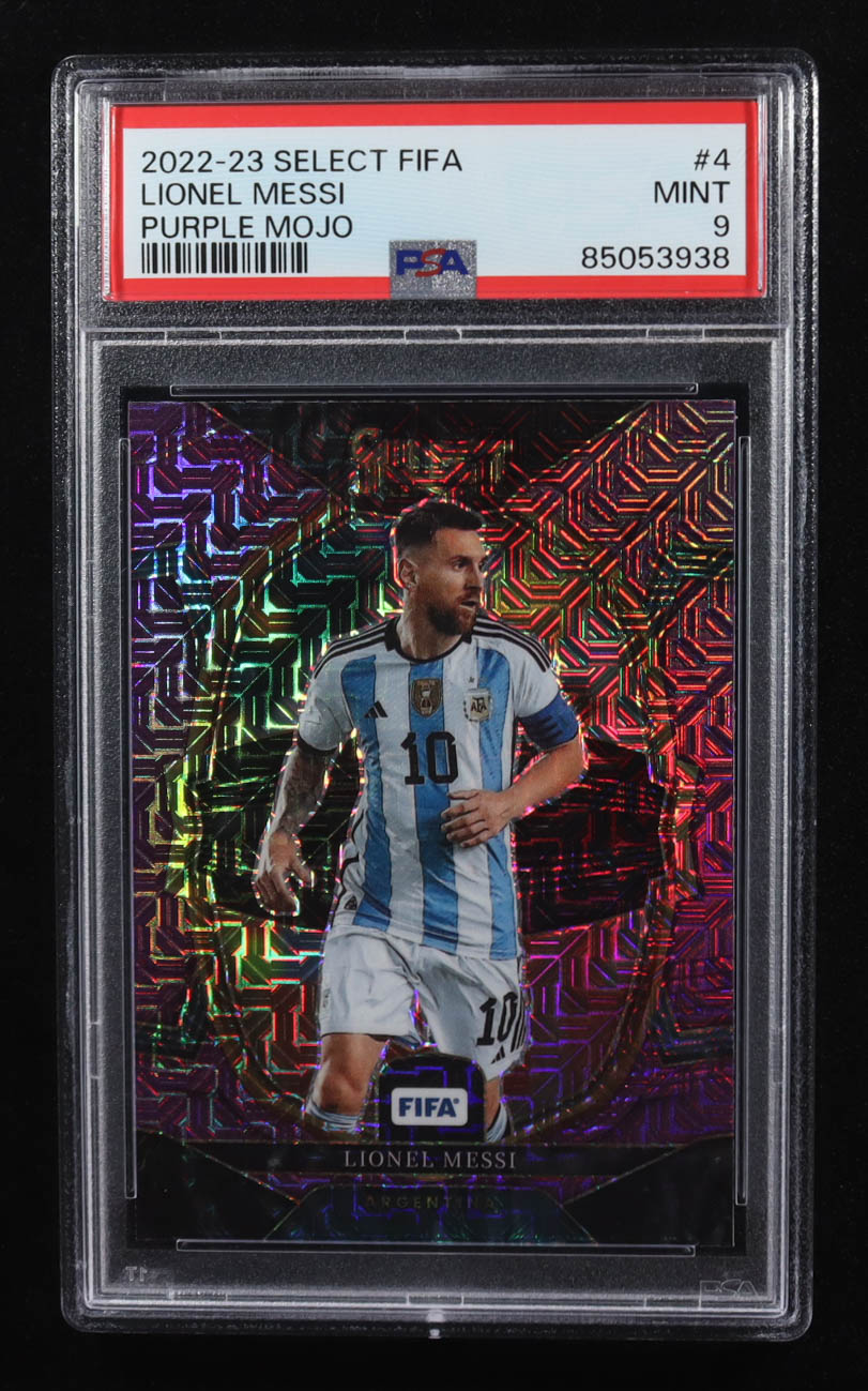 Lionel Messi 2022-23 Panini Select FIFA Purple Mojo Prizm #4 (PSA 9) at PristineAuction.com Lionel Messi 2022-23 Panini Select FIFA Purple Mojo Prizm #4 (PSA 9) at PristineAuction.com