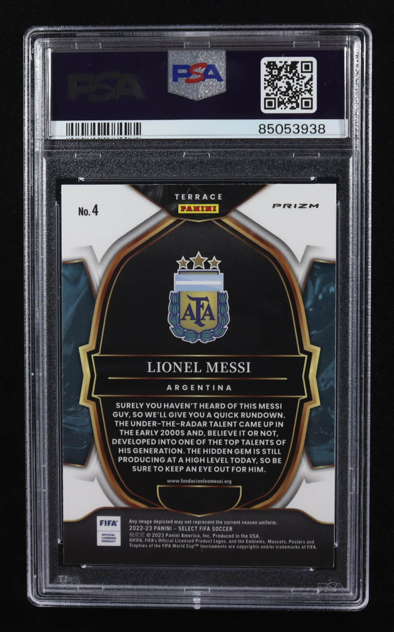 Lionel Messi 2022-23 Panini Select FIFA Purple Mojo Prizm #4 (PSA 9) at PristineAuction.com Lionel Messi 2022-23 Panini Select FIFA Purple Mojo Prizm #4 (PSA 9) at PristineAuction.com