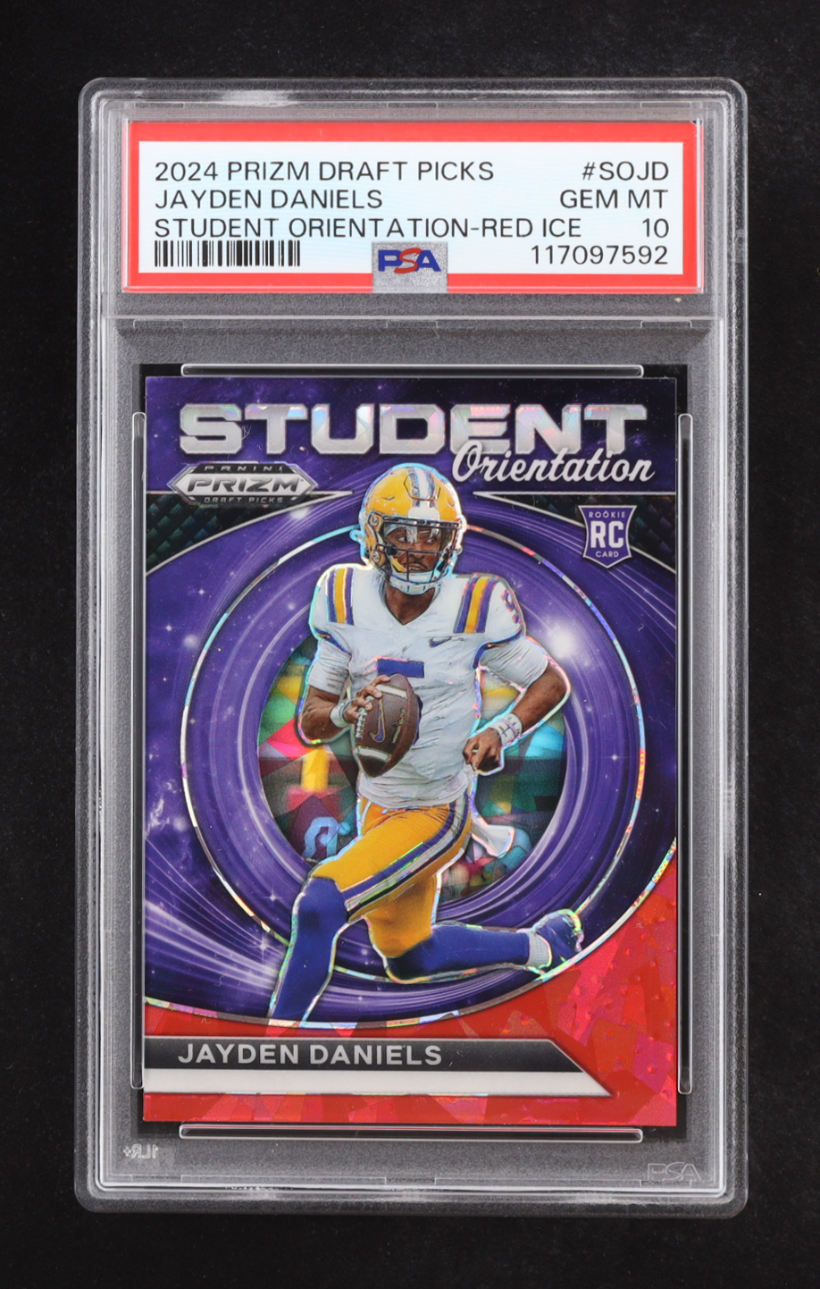Jayden Daniels 2024 Panini Prizm Draft Picks Student Orientation Red Ice #5 RC (PSA 10) at PristineAuction.com Jayden Daniels 2024 Panini Prizm Draft Picks Student Orientation Red Ice #5 RC (PSA 10) at PristineAuction.com
