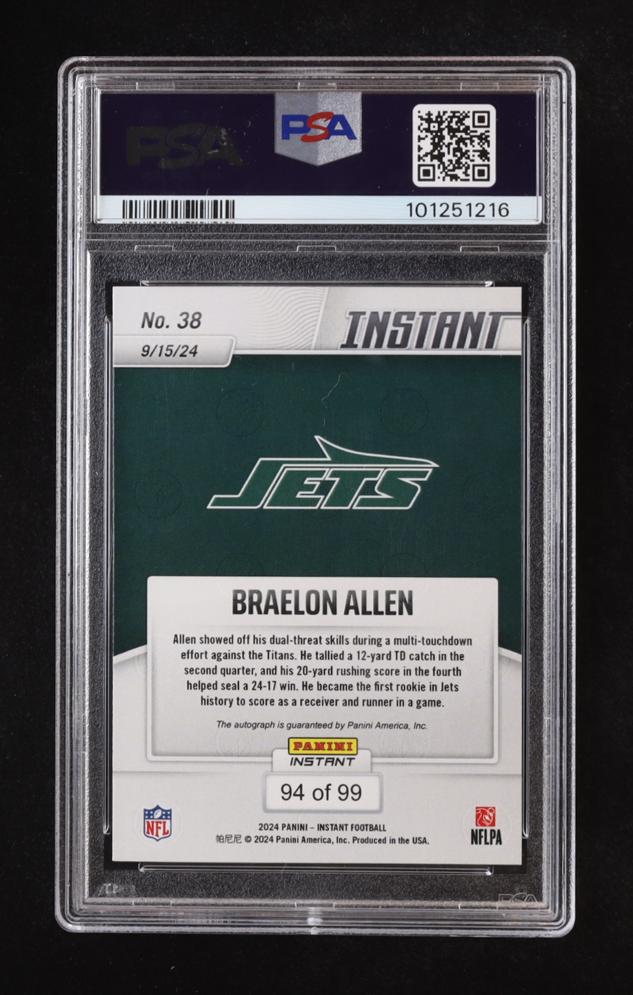 Braelon Allen 2024 Panini Instant Autographs #38 #94/99 RC (PSA 10 | Auto 10) at PristineAuction.com Braelon Allen 2024 Panini Instant Autographs #38 #94/99 RC (PSA 10 | Auto 10) at PristineAuction.com