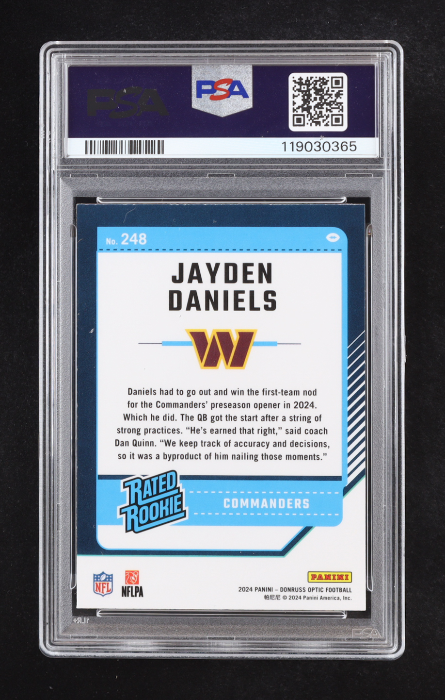 Jayden Daniels 2024 Donruss Optic #248 RC (PSA 10) at PristineAuction.com Jayden Daniels 2024 Donruss Optic #248 RC (PSA 10) at PristineAuction.com