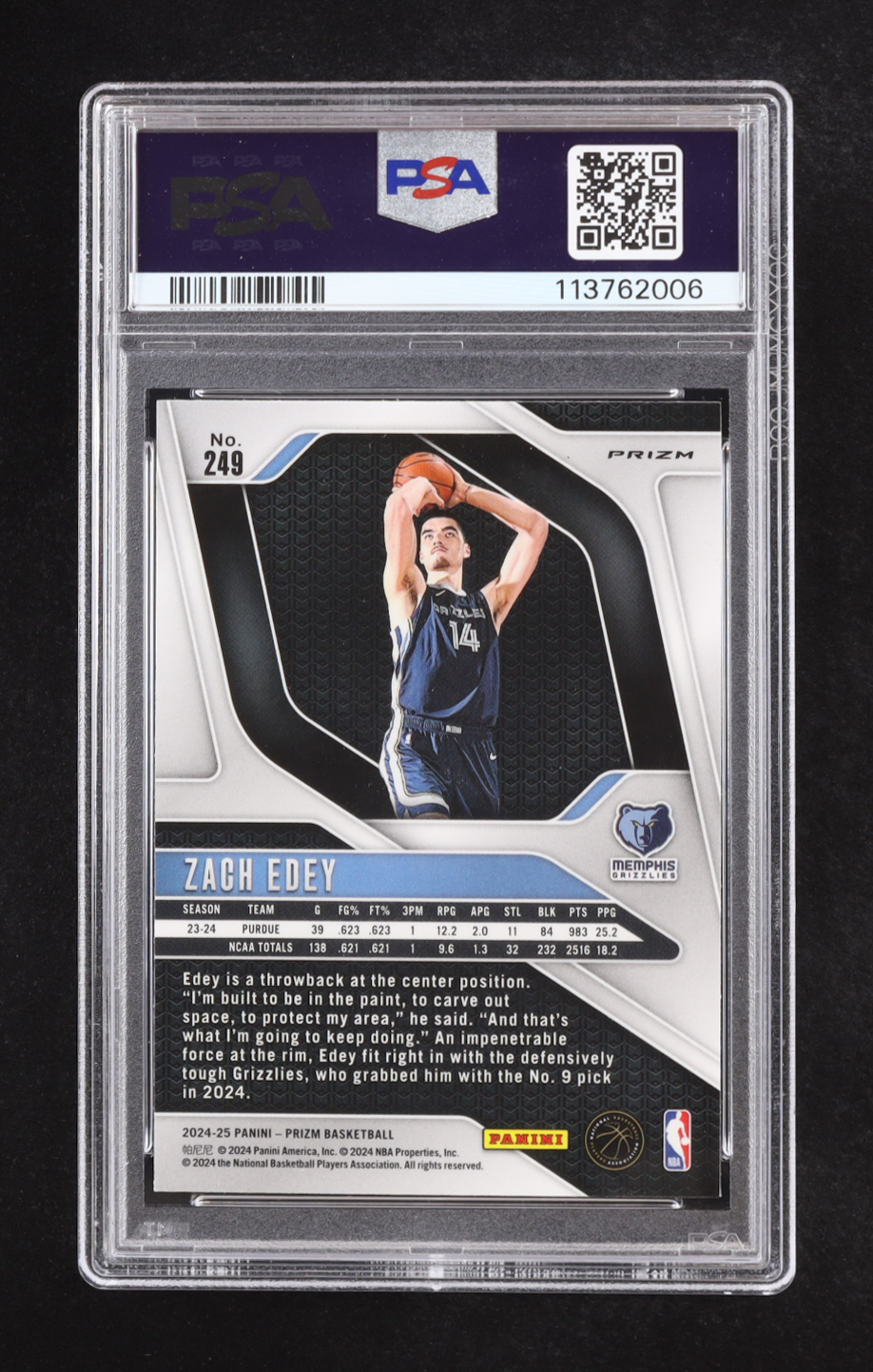 Zach Edey 2024-25 Panini Prizm Prizms Ice #249 RC (PSA 10) at PristineAuction.com Zach Edey 2024-25 Panini Prizm Prizms Ice #249 RC (PSA 10) at PristineAuction.com