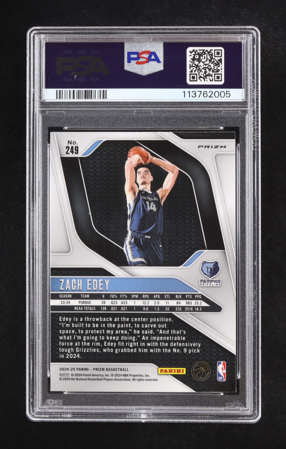 Zach Edey 2024-25 Panini Prizm Prizms Ice #249 RC (PSA 10) at PristineAuction.com Zach Edey 2024-25 Panini Prizm Prizms Ice #249 RC (PSA 10) at PristineAuction.com