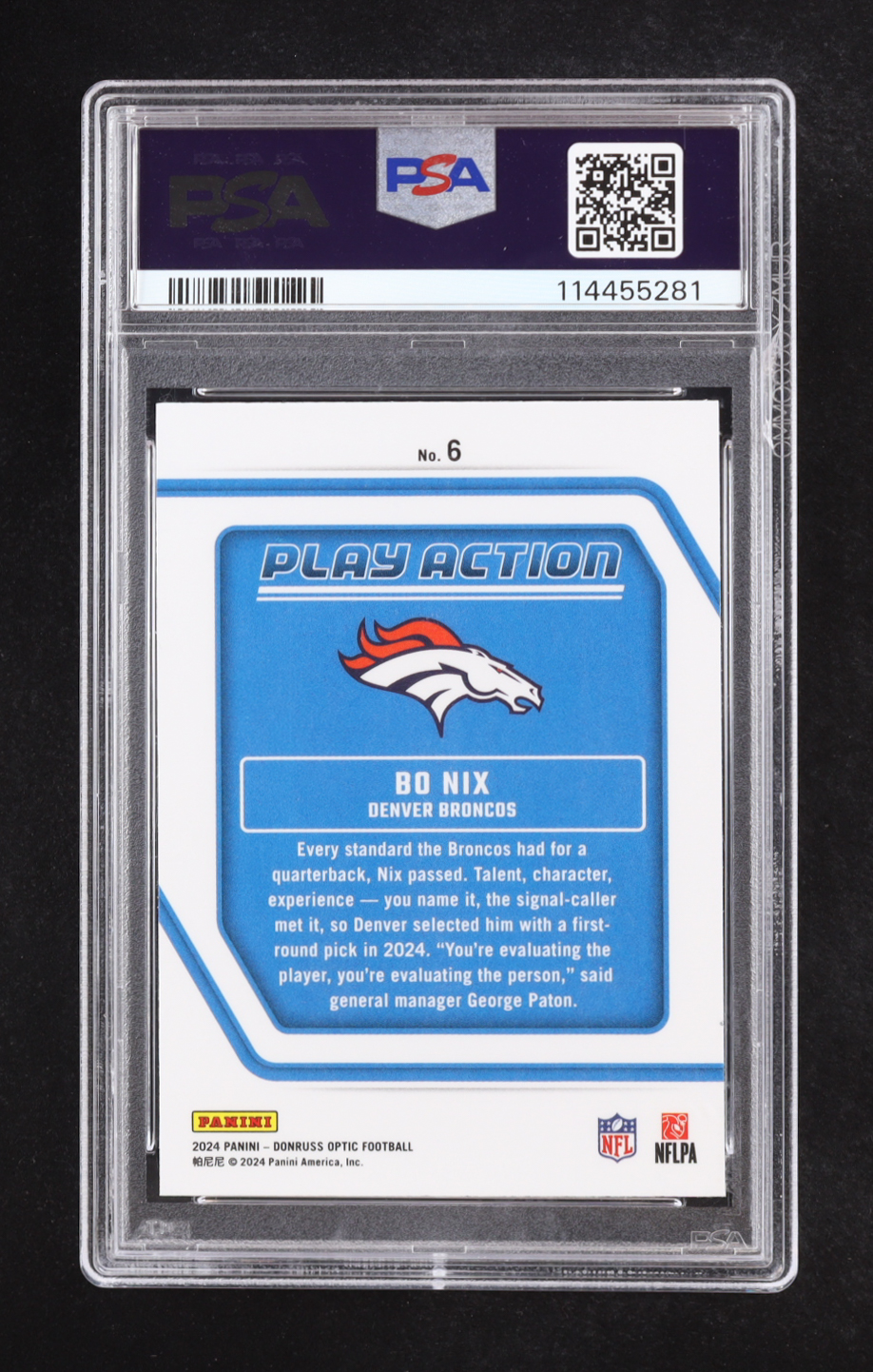 Bo Nix 2024 Donruss Optic Play Action #6 RC (PSA 10) at PristineAuction.com Bo Nix 2024 Donruss Optic Play Action #6 RC (PSA 10) at PristineAuction.com