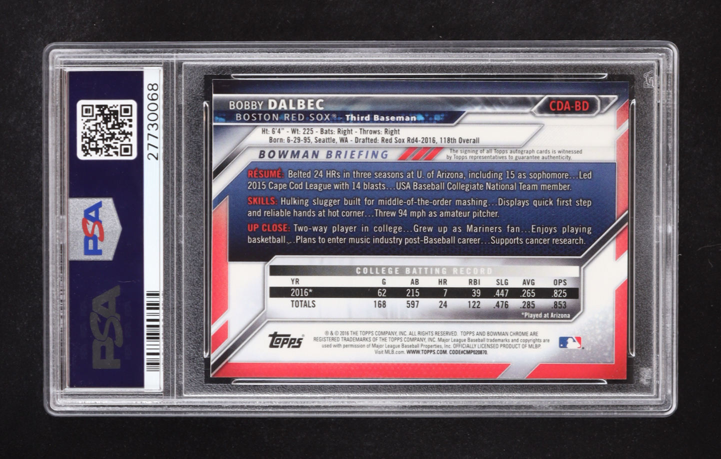 Bobby Dalbec 2016 Bowman Chrome Draft Draft Pick Autographs #CDABD RC (PSA 10) at PristineAuction.com Bobby Dalbec 2016 Bowman Chrome Draft Draft Pick Autographs #CDABD RC (PSA 10) at PristineAuction.com