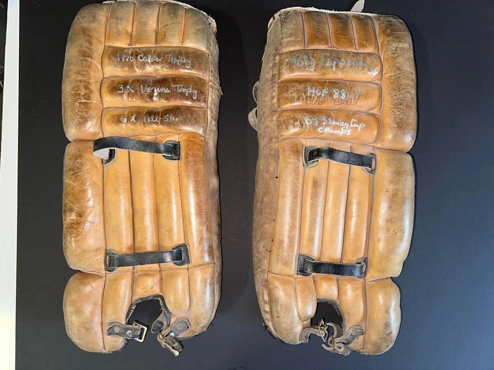 Tony Esposito Signed Vintage Goalie Leg Pads with (5) Career Inscriptions (JSA) at PristineAuction.com Tony Esposito Signed Vintage Goalie Leg Pads with (5) Career Inscriptions (JSA) at PristineAuction.com