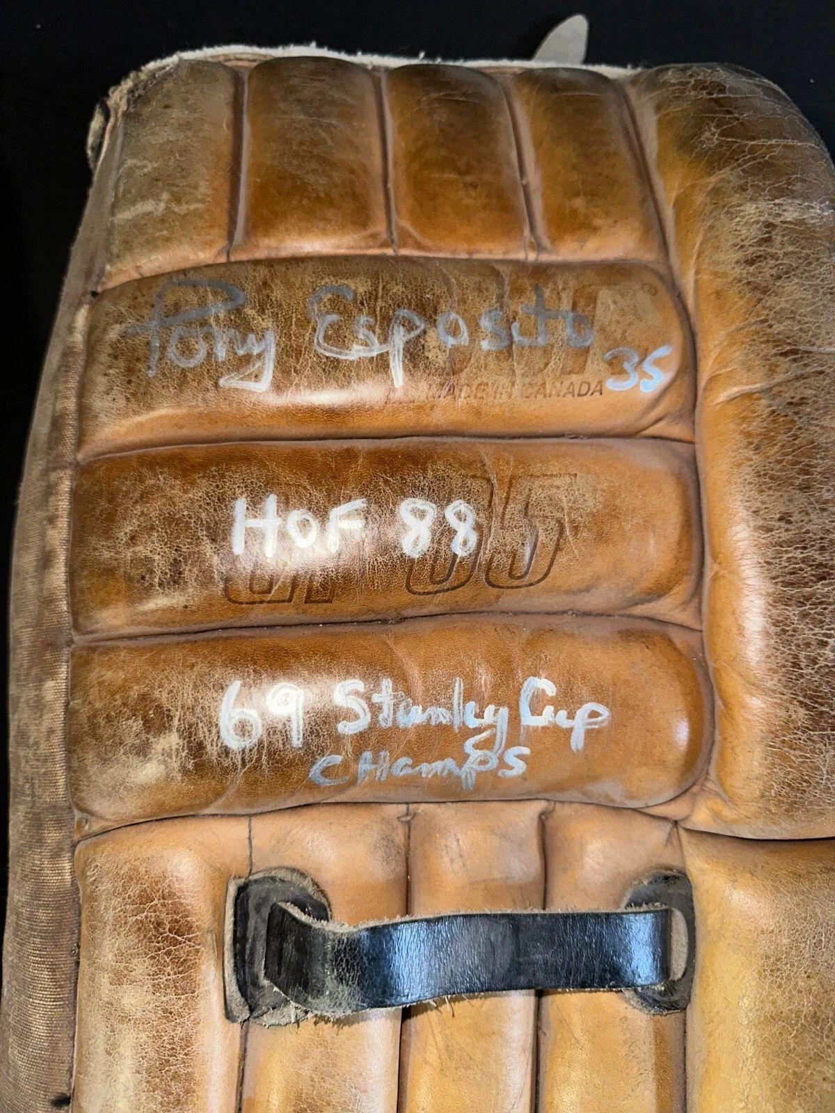 Tony Esposito Signed Vintage Goalie Leg Pads with (5) Career Inscriptions (JSA) at PristineAuction.com Tony Esposito Signed Vintage Goalie Leg Pads with (5) Career Inscriptions (JSA) at PristineAuction.com