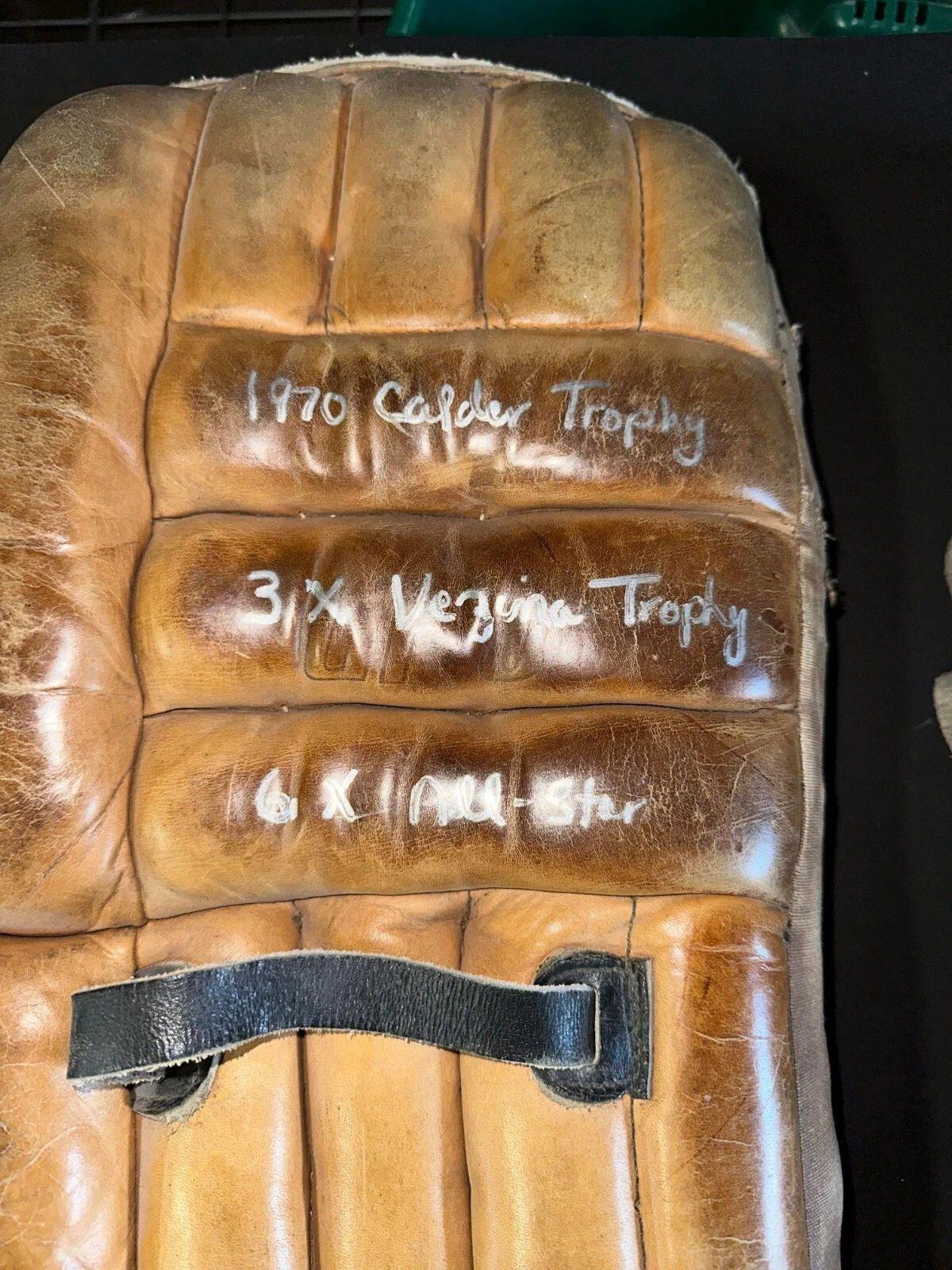 Tony Esposito Signed Vintage Goalie Leg Pads with (5) Career Inscriptions (JSA) at PristineAuction.com Tony Esposito Signed Vintage Goalie Leg Pads with (5) Career Inscriptions (JSA) at PristineAuction.com