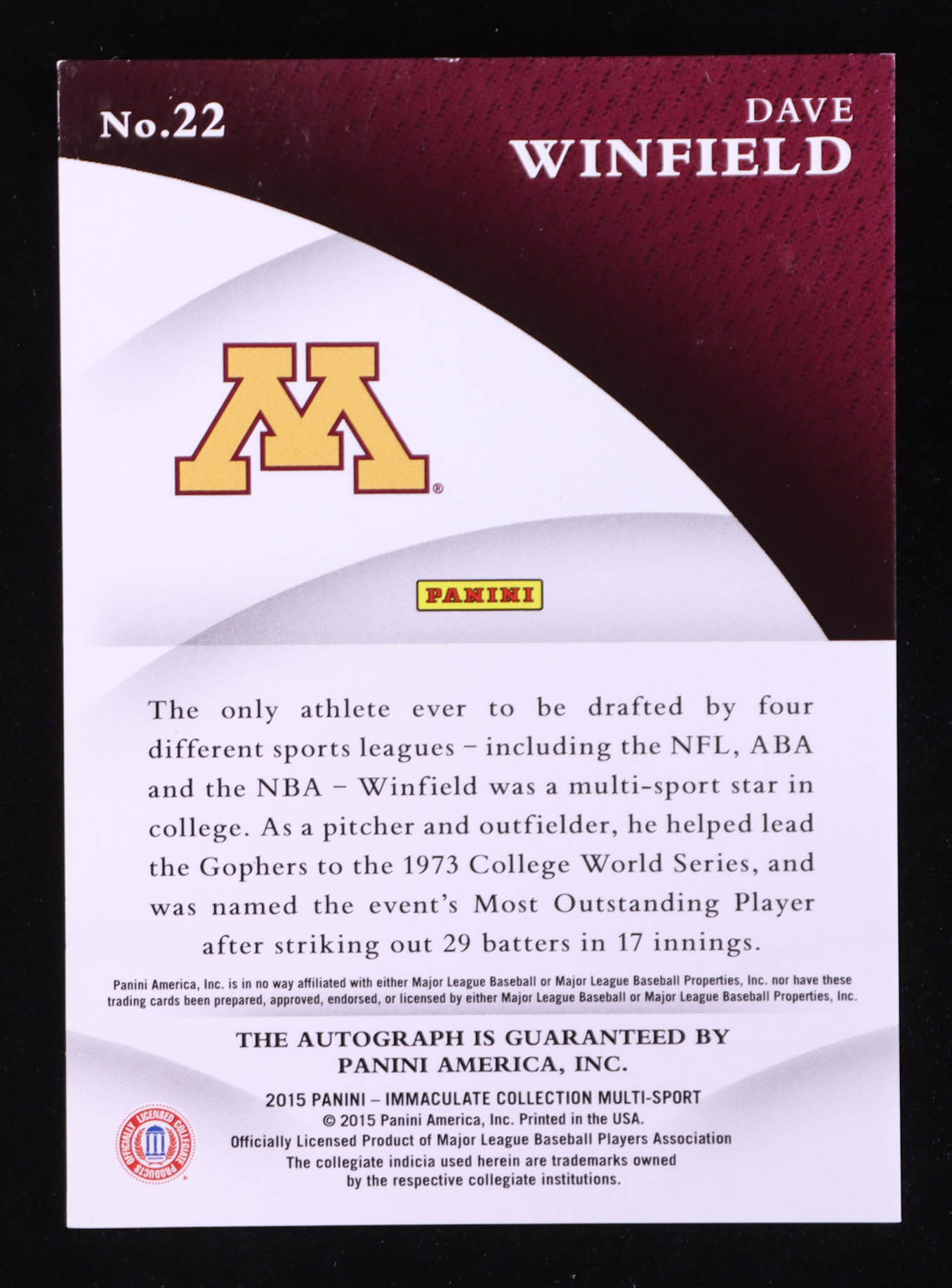 Dave Winfield 2015 Immaculate Collection Collegiate Multisport INK #22 #15/25 at PristineAuction.com Dave Winfield 2015 Immaculate Collection Collegiate Multisport INK #22 #15/25 at PristineAuction.com