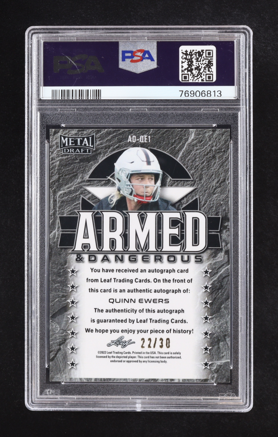 Quinn Ewers 2024 Leaf Metal Draft Autographs Prismatic Blue #ADQE1 #22/30 RC (PSA 10) at PristineAuction.com Quinn Ewers 2024 Leaf Metal Draft Autographs Prismatic Blue #ADQE1 #22/30 RC (PSA 10) at PristineAuction.com