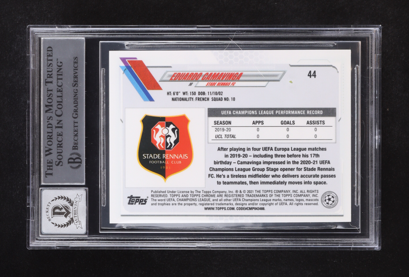 Eduardo Camavinga Signed 2020-21 Topps Chrome UEFA Champions League #44 RC (BGS | Auto 10) at PristineAuction.com Eduardo Camavinga Signed 2020-21 Topps Chrome UEFA Champions League #44 RC (BGS | Auto 10) at PristineAuction.com