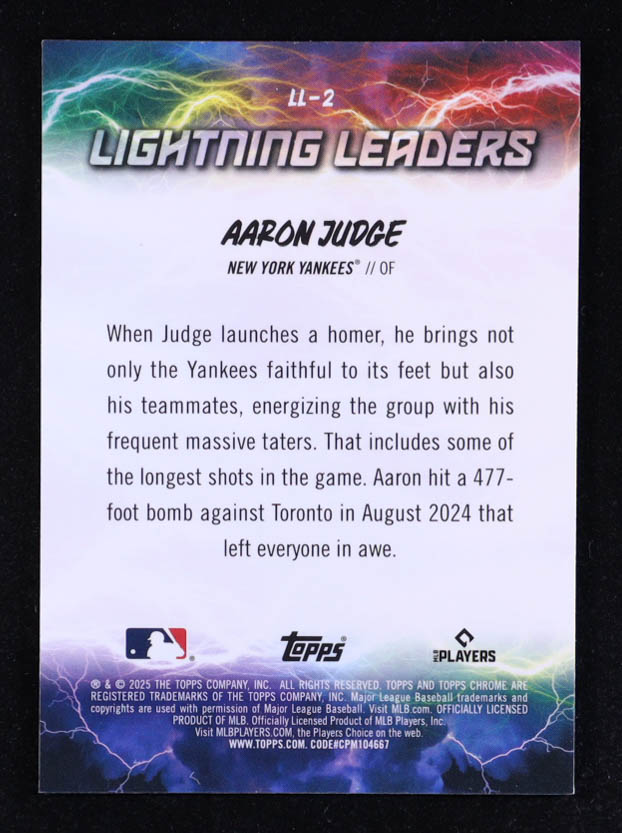 Aaron Judge 2025 Topps Chrome Lightning Leaders #LL2 at PristineAuction.com Aaron Judge 2025 Topps Chrome Lightning Leaders #LL2 at PristineAuction.com