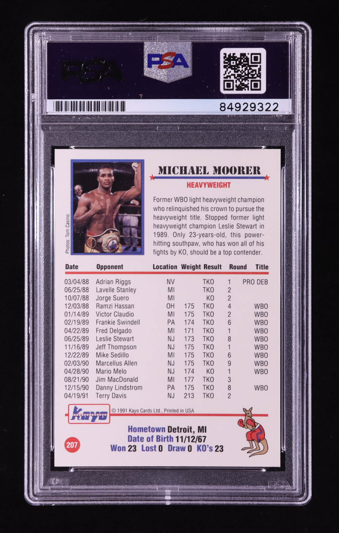 Michael Moorer Signed 1991 Kayo #207 "Double M" (PSA Authentic) at PristineAuction.com Michael Moorer Signed 1991 Kayo #207 "Double M" (PSA Authentic) at PristineAuction.com