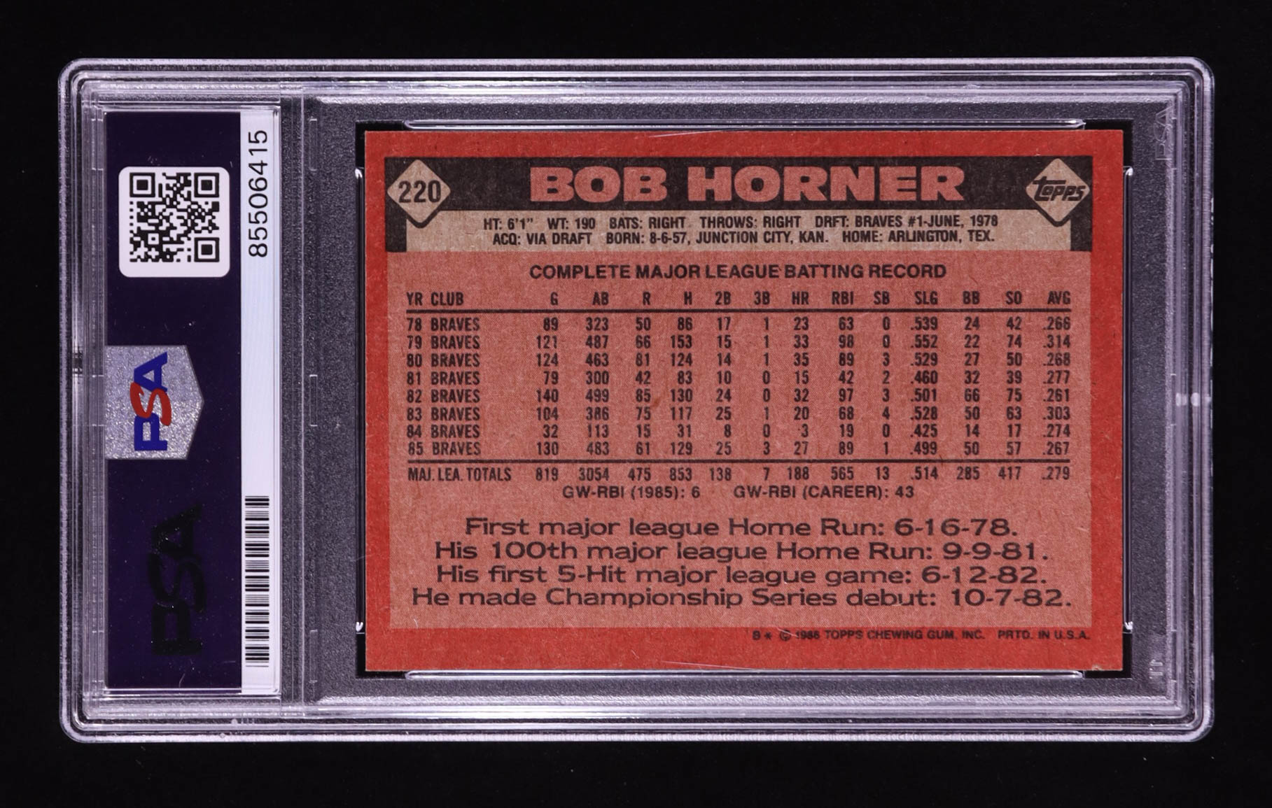Bob Horner Signed 1986 Topps #220 (PSA Authentic) at PristineAuction.com Bob Horner Signed 1986 Topps #220 (PSA Authentic) at PristineAuction.com