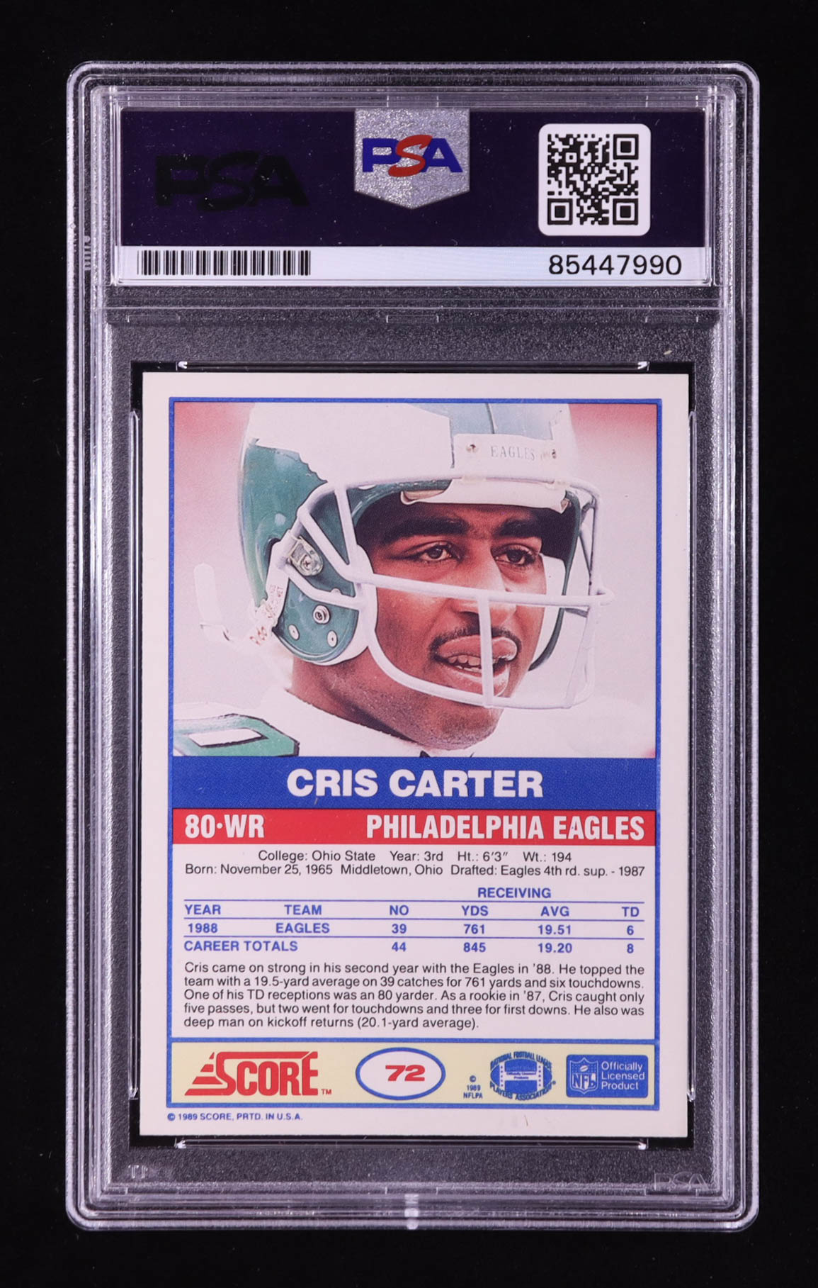 Cris Carter Signed 1989 Score #72 RC (PSA Authentic) at PristineAuction.com Cris Carter Signed 1989 Score #72 RC (PSA Authentic) at PristineAuction.com