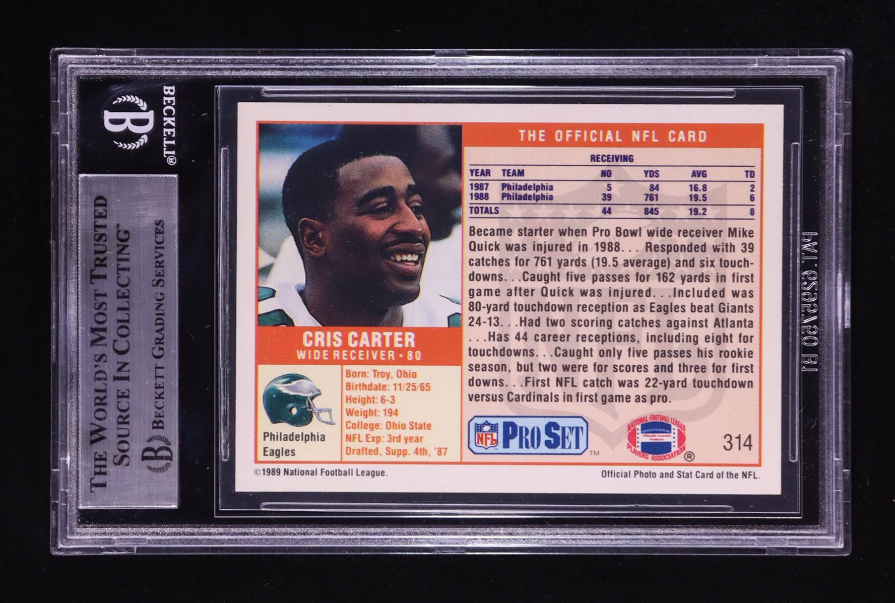 Cris Carter Signed 1989 Pro Set #314 RC (BGS) at PristineAuction.com Cris Carter Signed 1989 Pro Set #314 RC (BGS) at PristineAuction.com