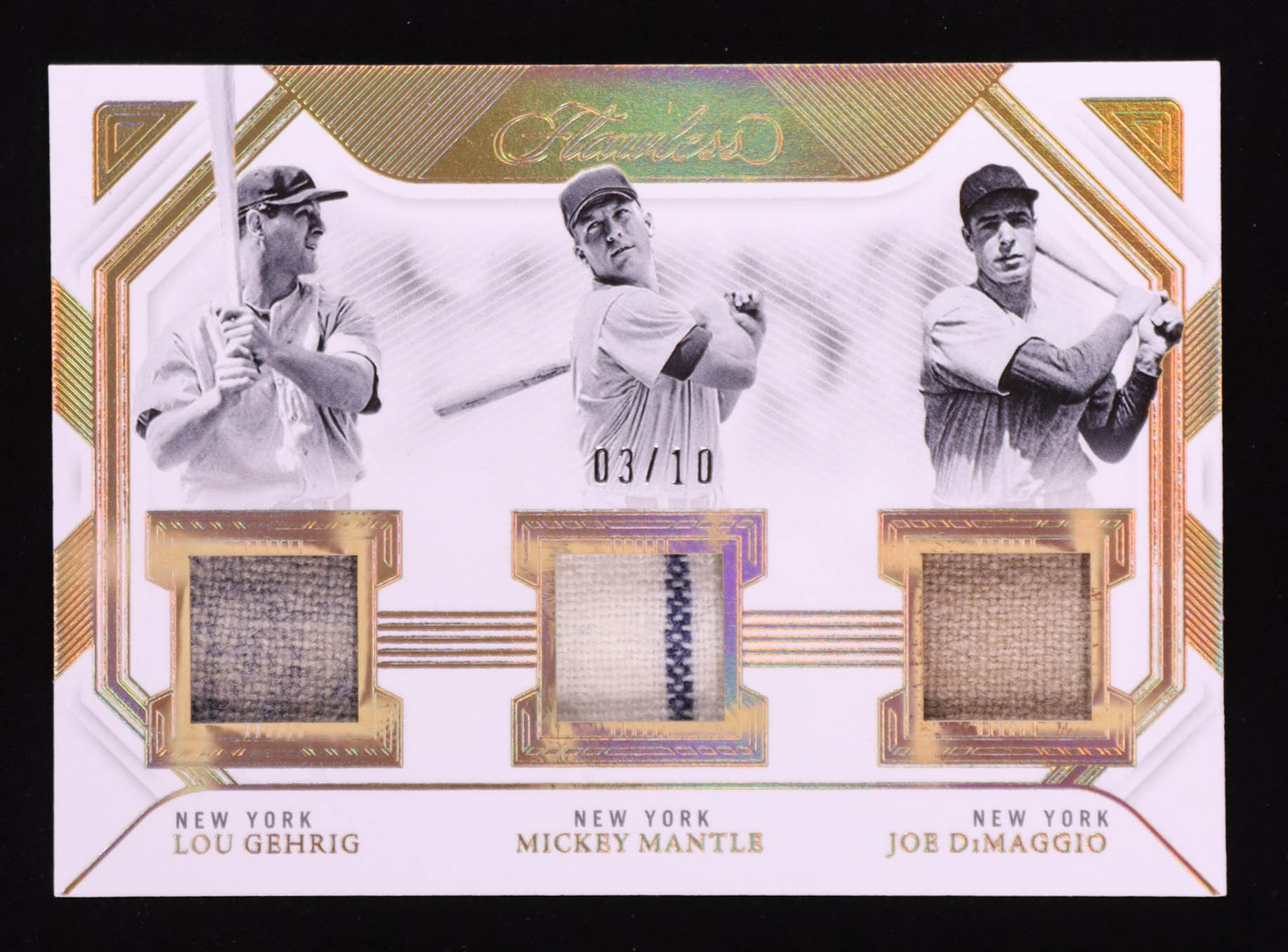 Joe DiMaggio / Mickey Mantle / Lou Gehrig 2023 Panini Flawless Triple Legendary Materials Gold #4 #03/10 at PristineAuction.com Joe DiMaggio / Mickey Mantle / Lou Gehrig 2023 Panini Flawless Triple Legendary Materials Gold #4 #03/10 at PristineAuction.com