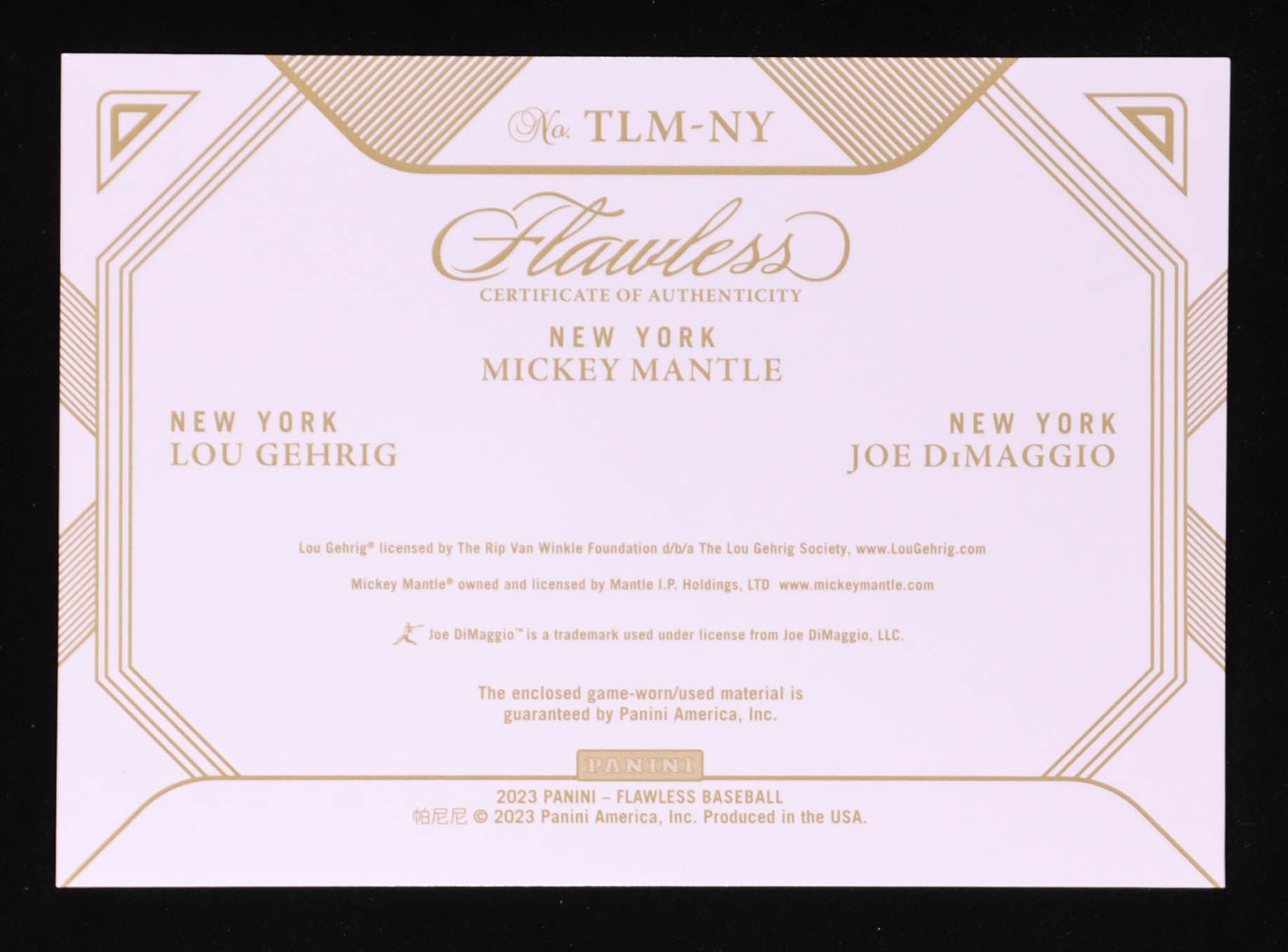 Joe DiMaggio / Mickey Mantle / Lou Gehrig 2023 Panini Flawless Triple Legendary Materials Gold #4 #03/10 at PristineAuction.com Joe DiMaggio / Mickey Mantle / Lou Gehrig 2023 Panini Flawless Triple Legendary Materials Gold #4 #03/10 at PristineAuction.com