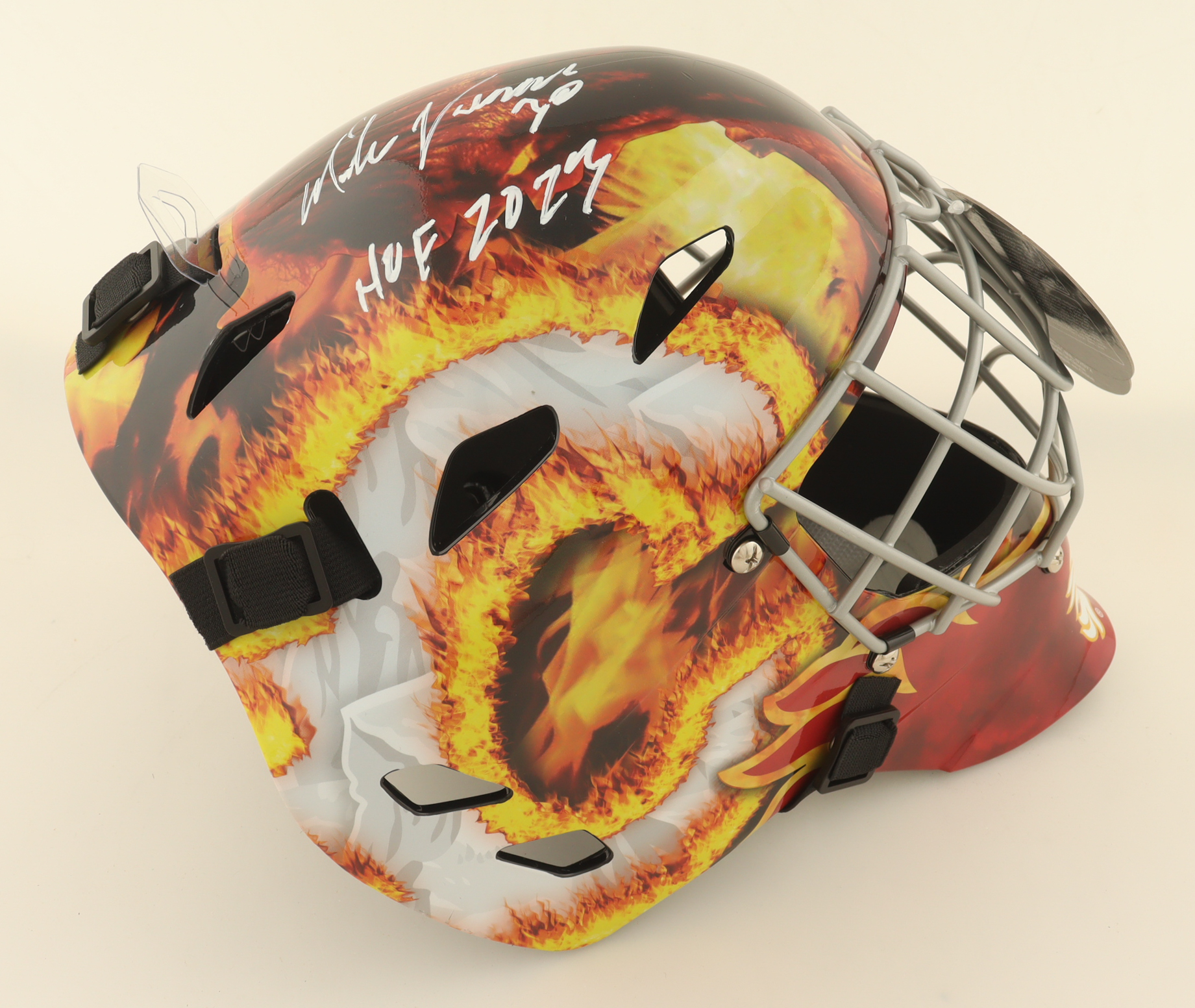 Mike Vernon Signed Flames Full-Size Goalie Mask Inscribed "HOF 2023" (Schwartz) at PristineAuction.com Mike Vernon Signed Flames Full-Size Goalie Mask Inscribed "HOF 2023" (Schwartz) at PristineAuction.com