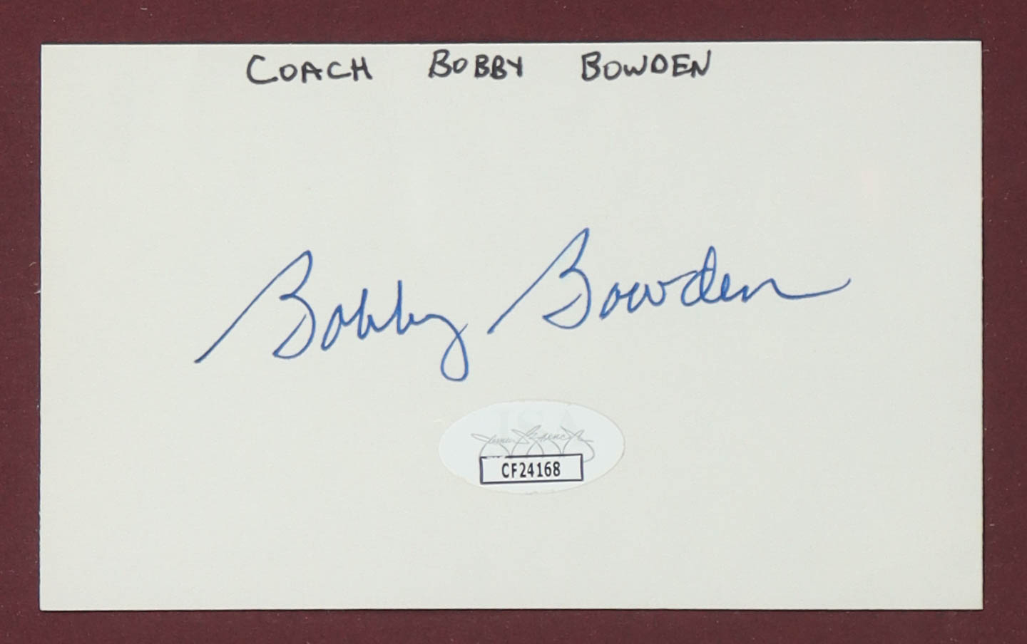 Bobby Bowden Signed FSU Seminoles Custom Framed Index Card Display (JSA) at PristineAuction.com Bobby Bowden Signed FSU Seminoles Custom Framed Index Card Display (JSA) at PristineAuction.com