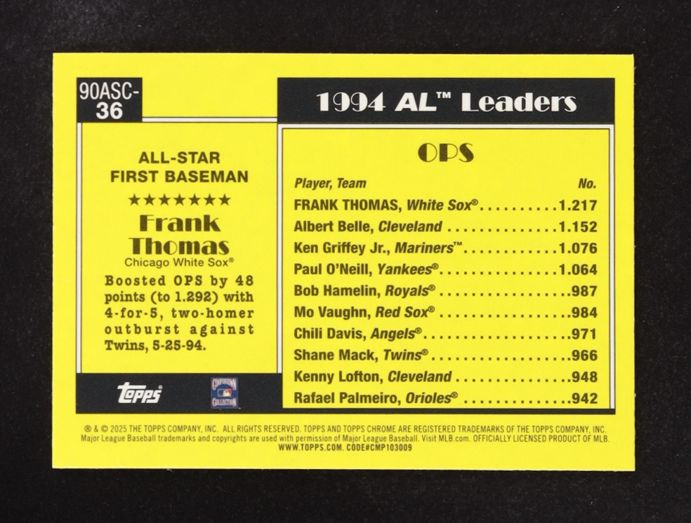 Frank Thomas 2025 Topps Chrome All Star AL #90ASC-36 #170/199 at PristineAuction.com Frank Thomas 2025 Topps Chrome All Star AL #90ASC-36 #170/199 at PristineAuction.com