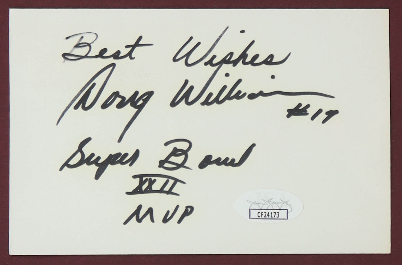 Doug Williams Signed Redskins Custom Framed Index Card Display Inscribed "Best Wishes / Super Bowl XXII MVP" (JSA) at PristineAuction.com Doug Williams Signed Redskins Custom Framed Index Card Display Inscribed "Best Wishes / Super Bowl XXII MVP" (JSA) at PristineAuction.com