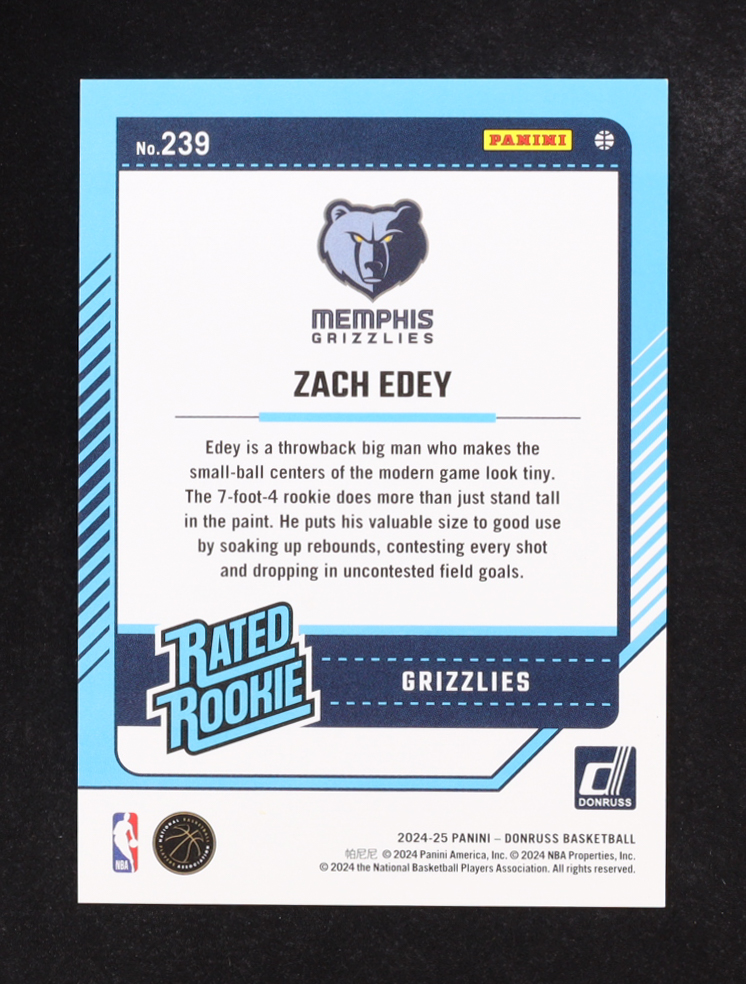 Zach Edey 2024-25 Panini Donruss Rated Rookie #239 RC #016/175 at PristineAuction.com Zach Edey 2024-25 Panini Donruss Rated Rookie #239 RC #016/175 at PristineAuction.com