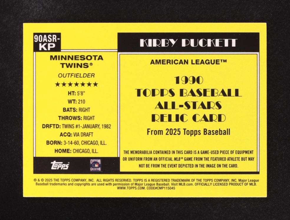 Kirby Puckett 2025 Topps All Stars Relic AL Game-Used Memorabilia #90ASR-KP at PristineAuction.com Kirby Puckett 2025 Topps All Stars Relic AL Game-Used Memorabilia #90ASR-KP at PristineAuction.com