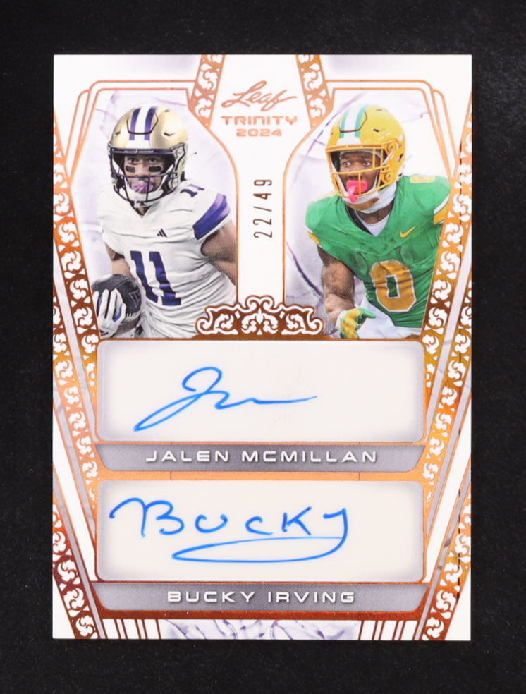Jalen Mcmillan/Bucky Irving 2024 Leaf Trinity Autographs #DA-13 RC #22/49 at PristineAuction.com Jalen Mcmillan/Bucky Irving 2024 Leaf Trinity Autographs #DA-13 RC #22/49 at PristineAuction.com