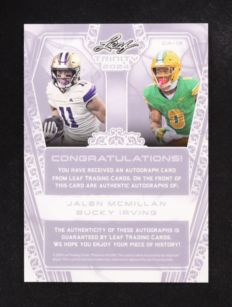 Jalen Mcmillan/Bucky Irving 2024 Leaf Trinity Autographs #DA-13 RC #22/49 at PristineAuction.com Jalen Mcmillan/Bucky Irving 2024 Leaf Trinity Autographs #DA-13 RC #22/49 at PristineAuction.com