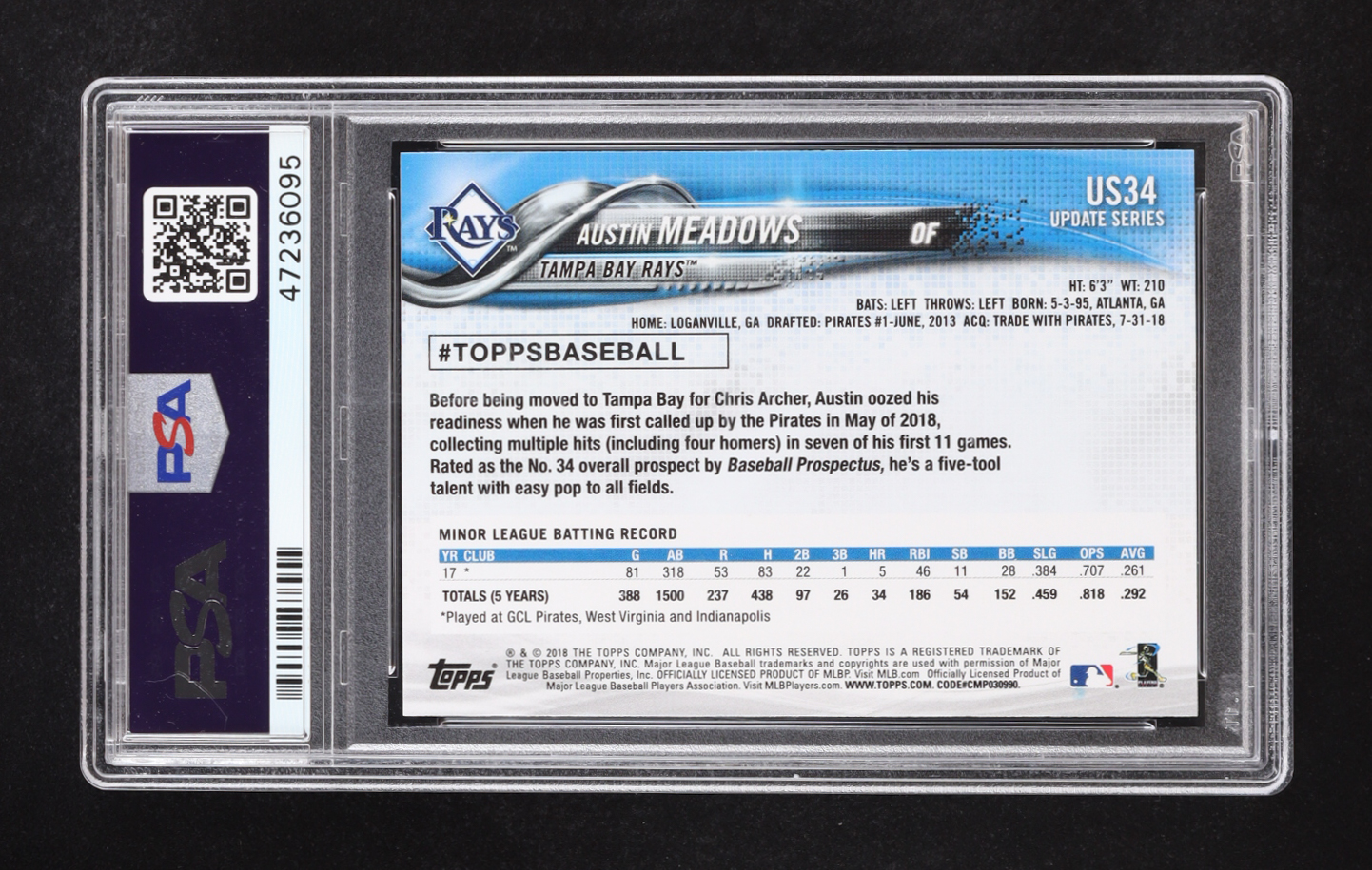 Austin Meadows 2018 Topps Update Gray Jersey #US34 RC (PSA 10) at PristineAuction.com Austin Meadows 2018 Topps Update Gray Jersey #US34 RC (PSA 10) at PristineAuction.com