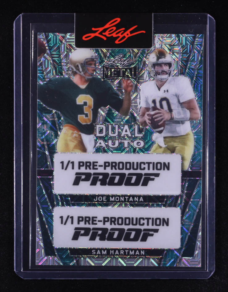 Joe Montana / Sam Hartman 2024 Leaf Metal Dual Auto Pre-Production Proof Teal Mojo #NNO #1/1