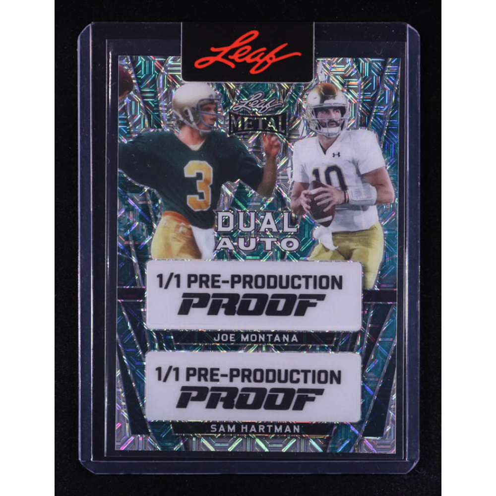 Joe Montana / Sam Hartman 2024 Leaf Metal Dual Auto Pre-Production Proof Teal Mojo #NNO #1/1 at PristineAuction.com