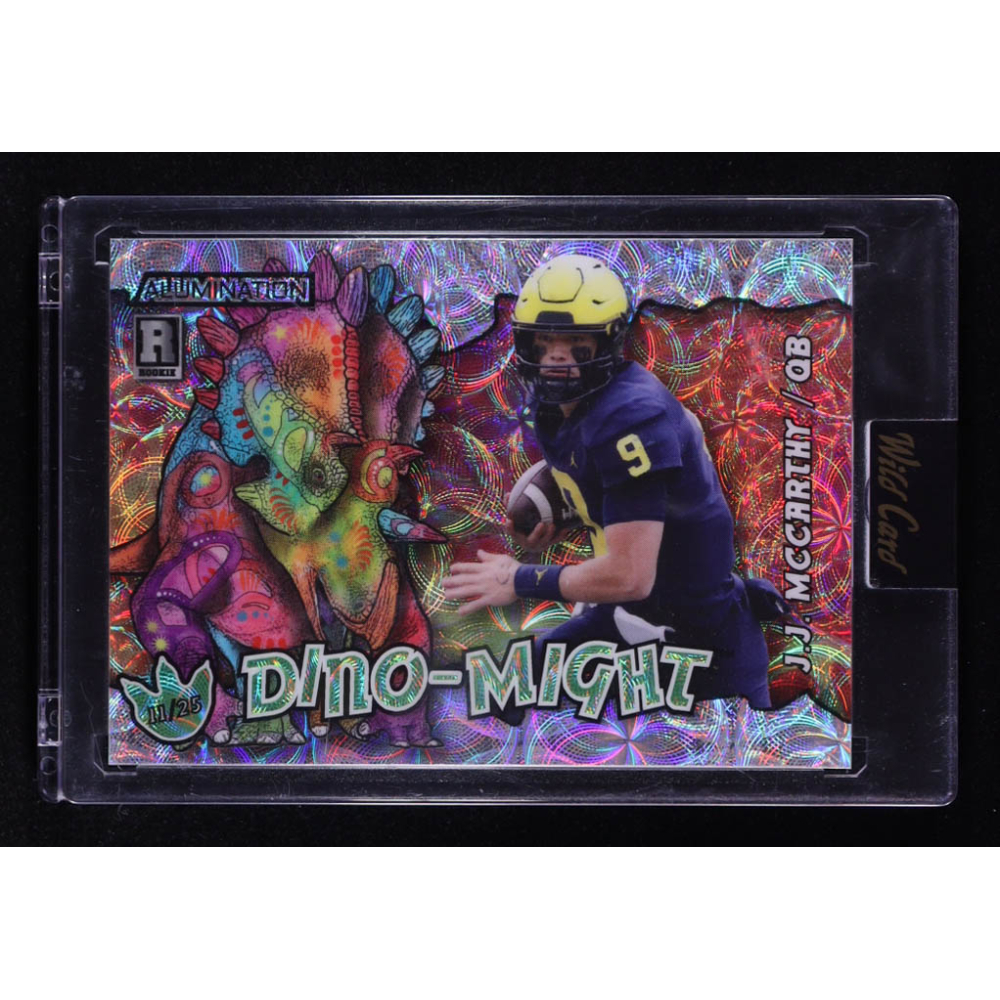 JJ McCarthy 2023 Wild Card Alumination Dino-Might Triceratops Silver Kaleidoscope #AD-JM1 #11/25 RC at PristineAuction.com
