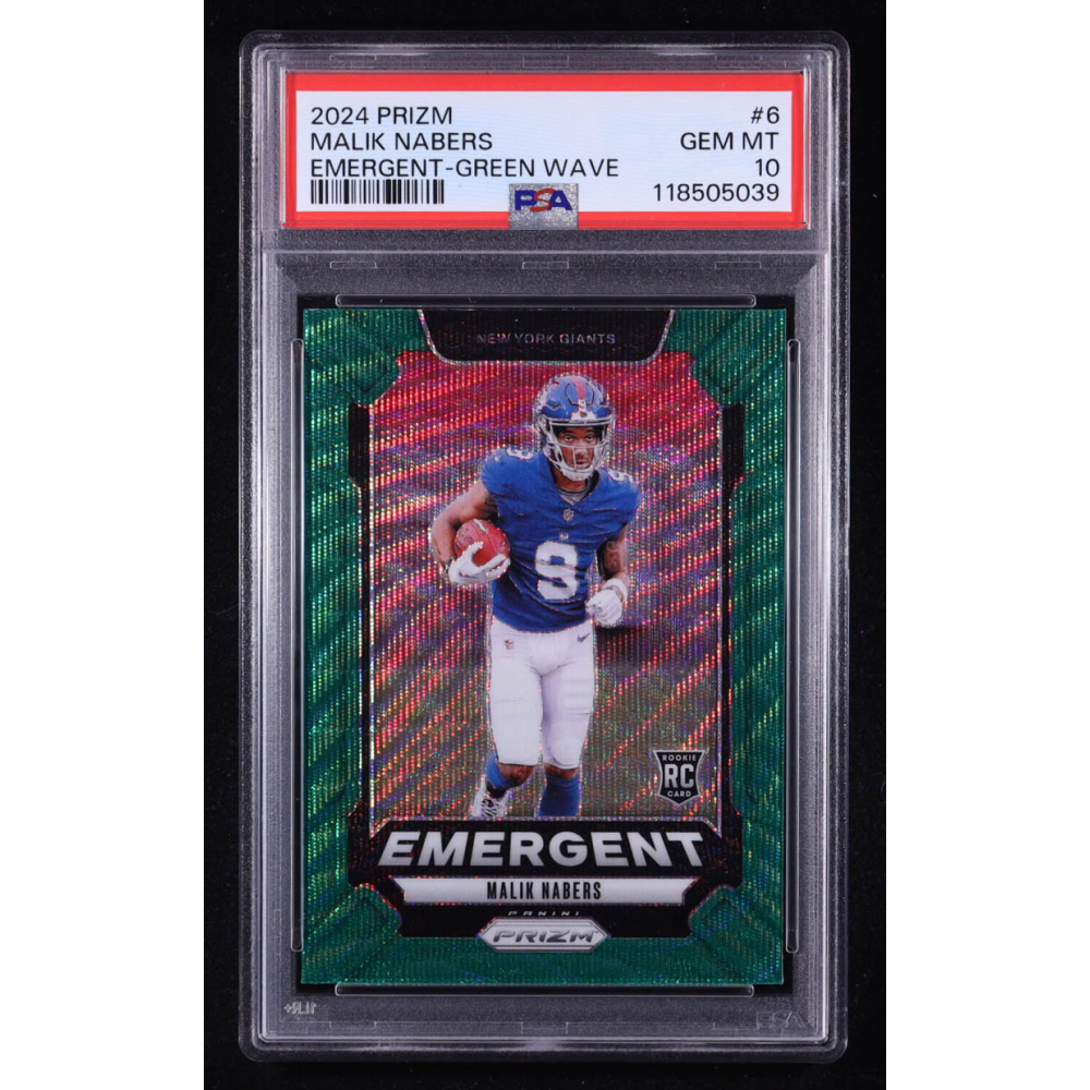 Malik Nabers 2024 Prizm Emergent Prizms Green Wave #6 RC (PSA 10) at PristineAuction.com