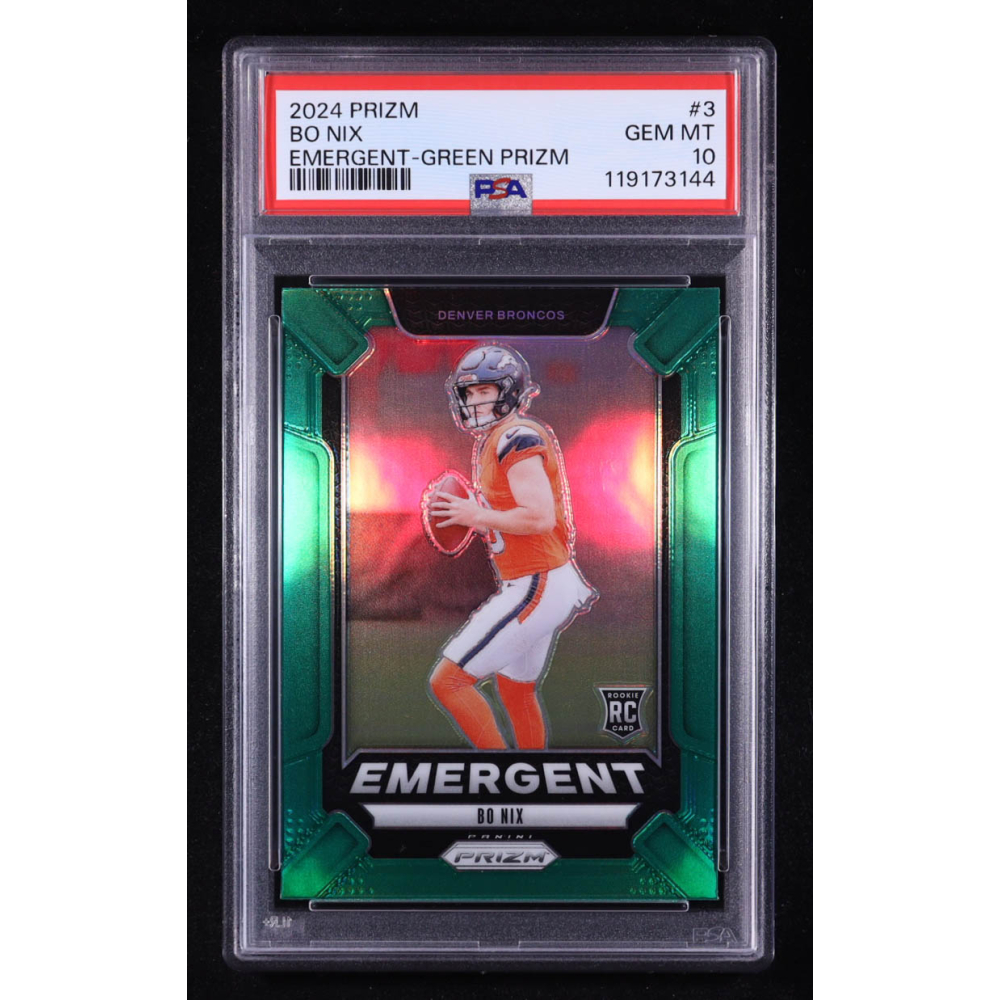 Bo Nix 2024 Panini Prizm Emergent Green Prizm #3 RC (PSA 10) at PristineAuction.com