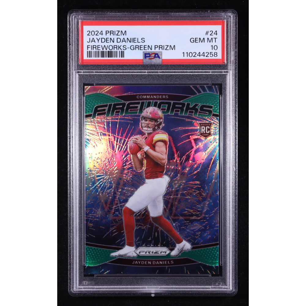 Jayden Daniels 2024 Prizm Fireworks Green Prizm #24 RC (PSA 10) at PristineAuction.com