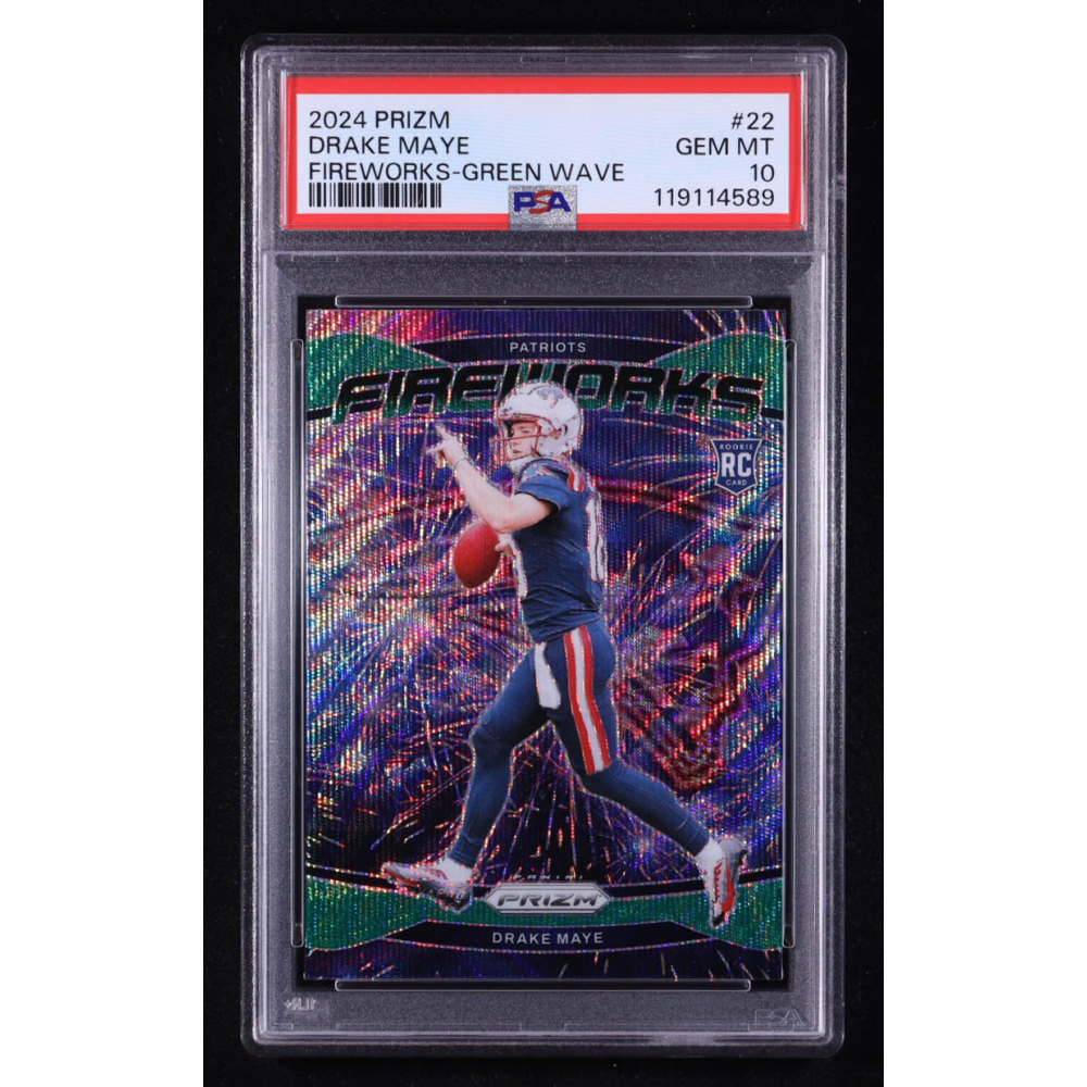 Drake Maye 2024 Prizm Fireworks Green Wave #22 RC (PSA 10) at PristineAuction.com