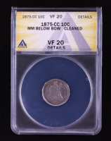 1875-CC Seated Liberty Silver 10C Dime, MM Below Bow (ANACS VF20 Details) at PristineAuction.com