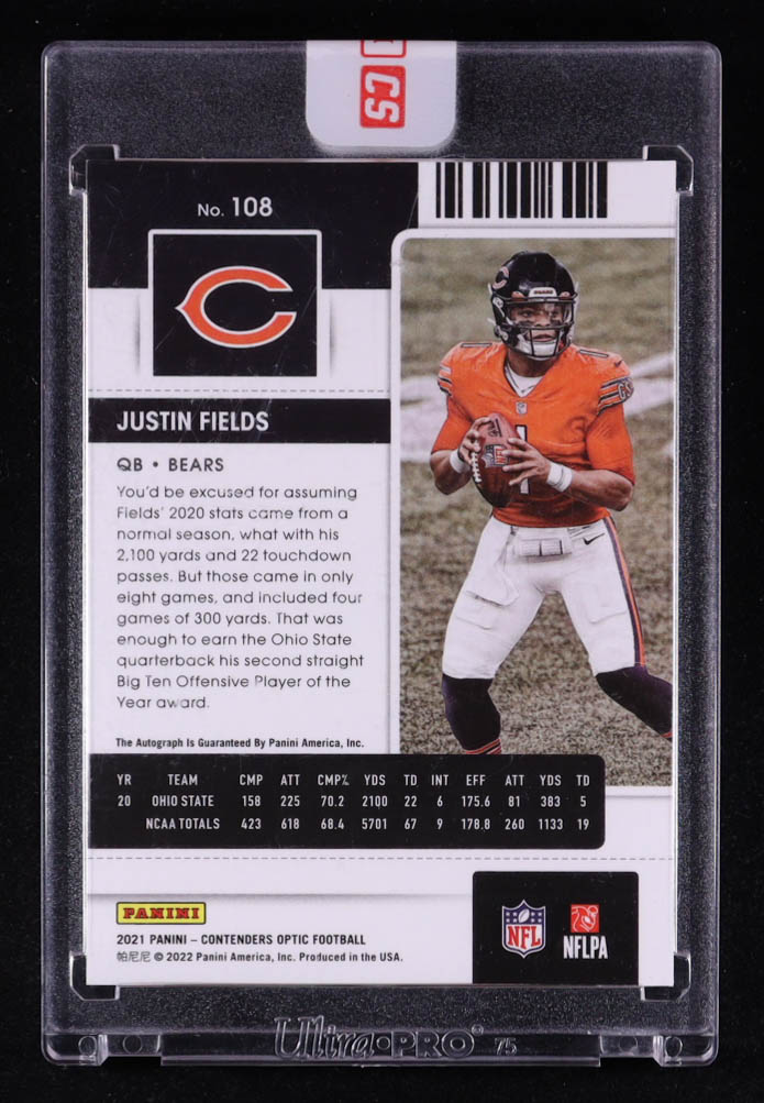 Justin Fields 2021 Panini Contenders Optic Rookie Ticket Variation Autographs #108 RC at PristineAuction.com Justin Fields 2021 Panini Contenders Optic Rookie Ticket Variation Autographs #108 RC at PristineAuction.com