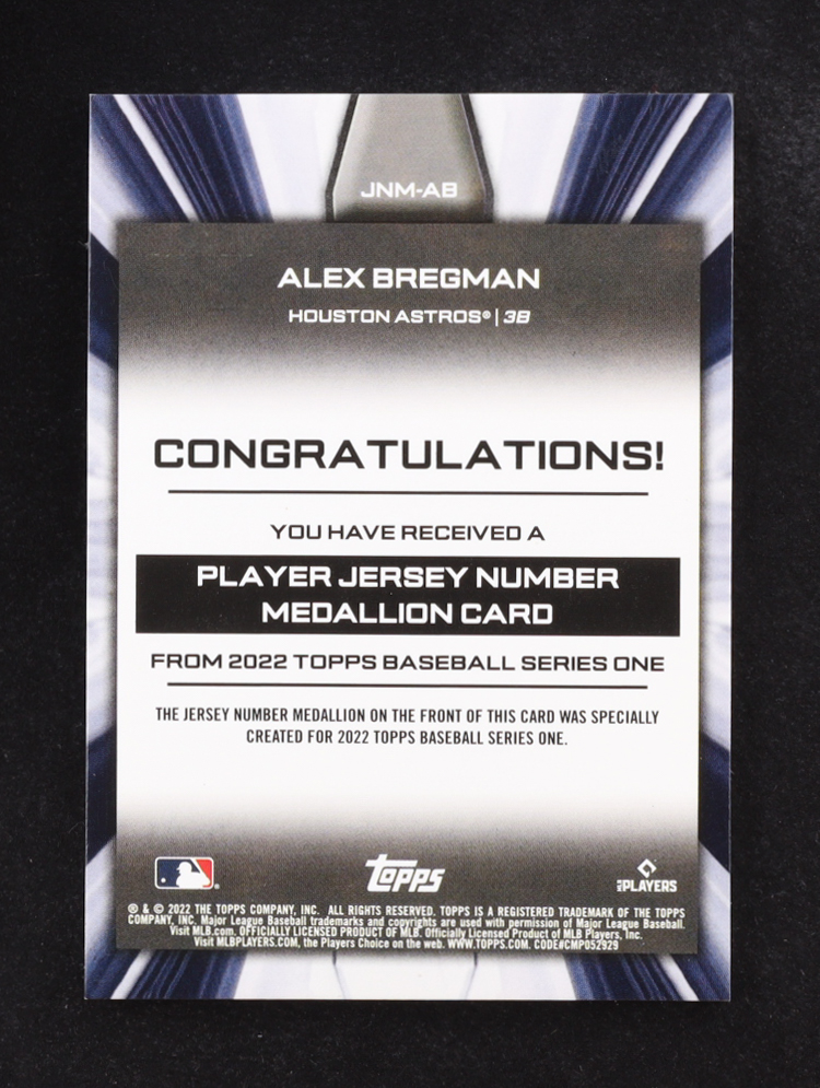 Alex Bregman 2022 Topps Commemorative Jersey Number Medallion Series One #JNM-AB at PristineAuction.com Alex Bregman 2022 Topps Commemorative Jersey Number Medallion Series One #JNM-AB at PristineAuction.com