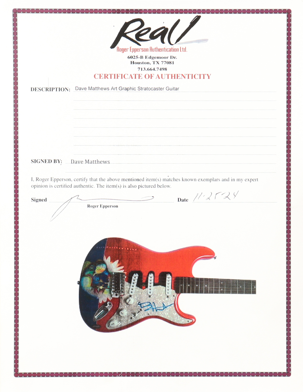 Dave Matthews Signed Custom Electric Guitar (REAL) at PristineAuction.com Dave Matthews Signed Custom Electric Guitar (REAL) at PristineAuction.com