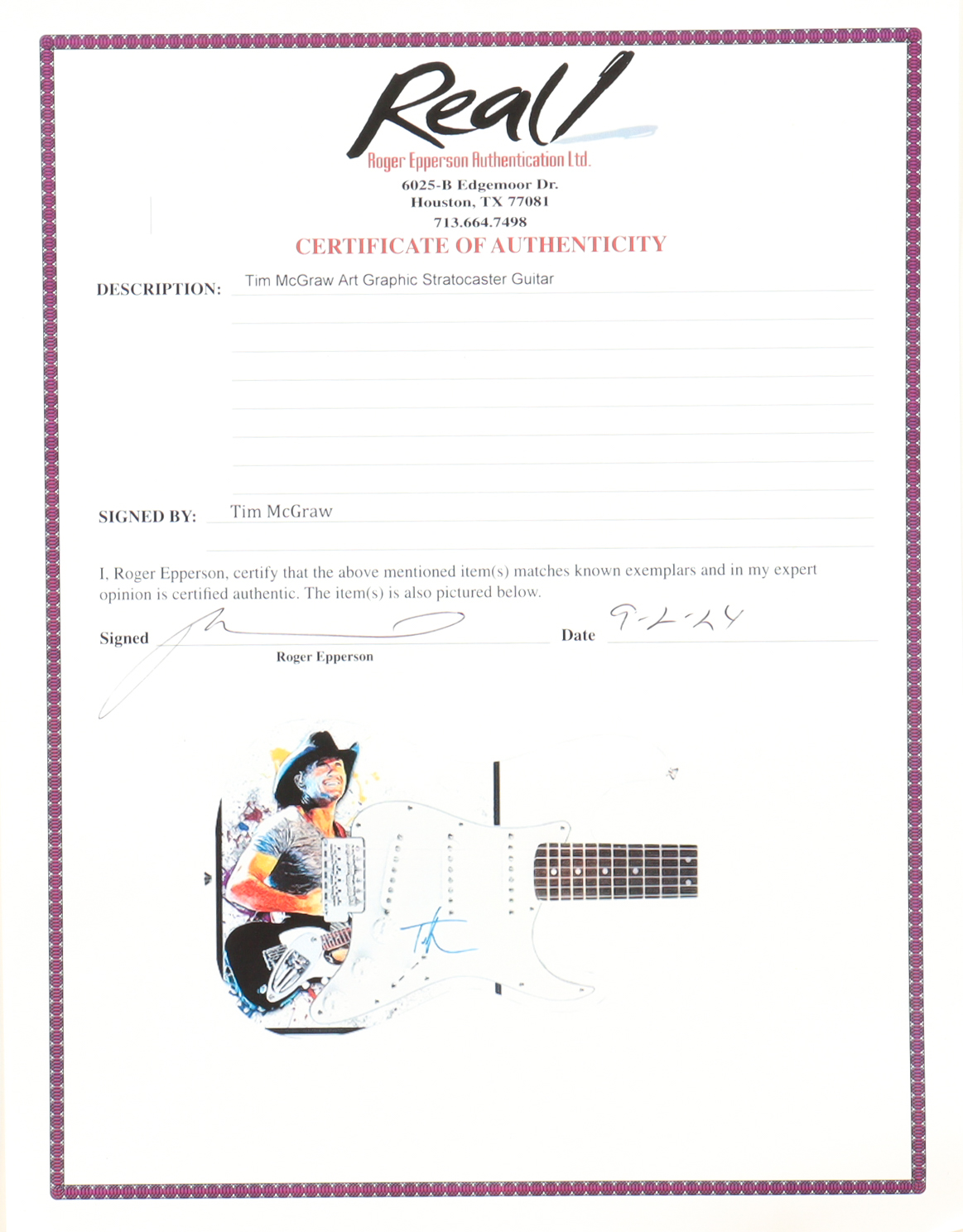 Tim McGraw Signed Custom Electric Guitar (REAL & ACOA) at PristineAuction.com Tim McGraw Signed Custom Electric Guitar (REAL & ACOA) at PristineAuction.com