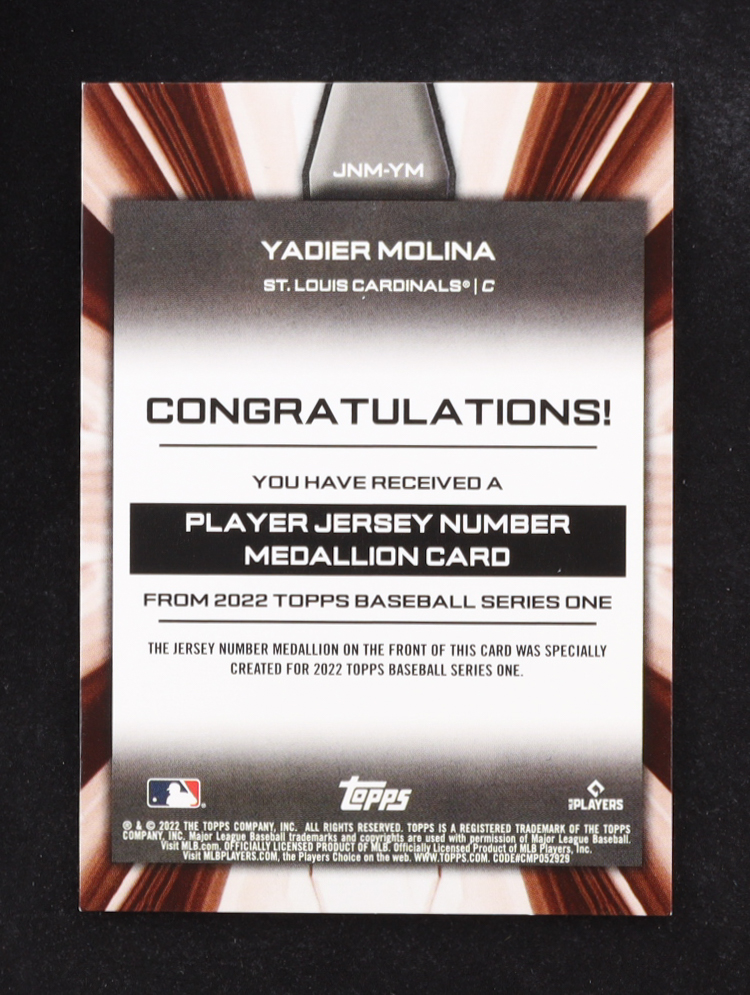 Yadier Molina 2022 Topps Commemorative Jersey Number Medallion Series One #JNM-YM at PristineAuction.com Yadier Molina 2022 Topps Commemorative Jersey Number Medallion Series One #JNM-YM at PristineAuction.com