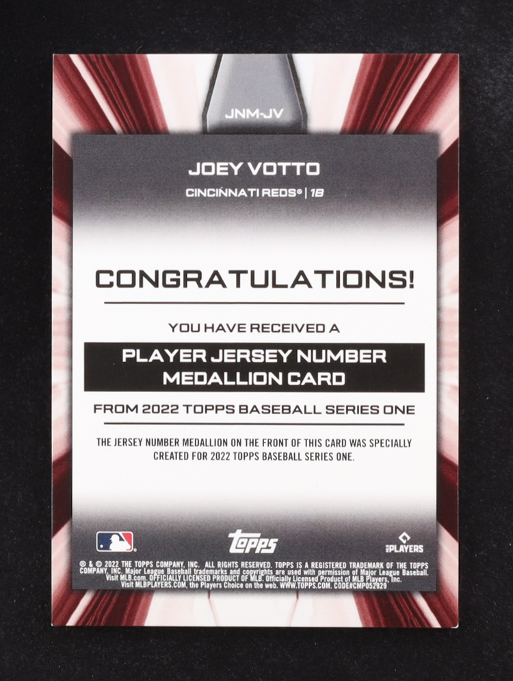Joey Votto 2022 Topps Commemorative Jersey Number Medallion Series One #JNM-JV at PristineAuction.com Joey Votto 2022 Topps Commemorative Jersey Number Medallion Series One #JNM-JV at PristineAuction.com