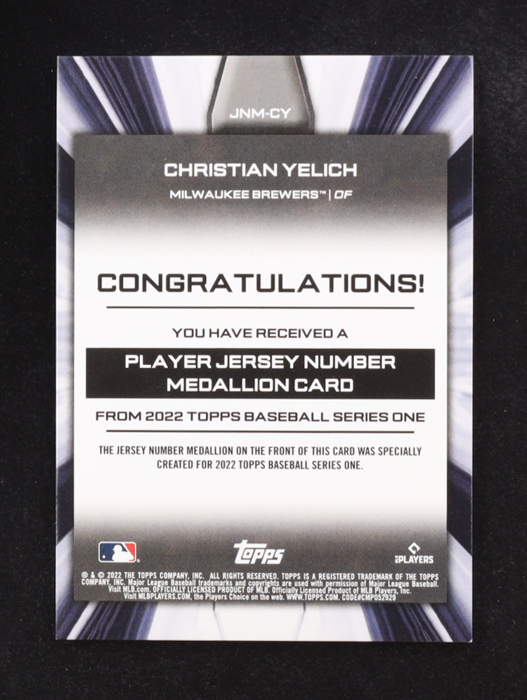 Christian Yelich 2022 Topps Commemorative Jersey Number Medallion Series One #JNM-CY at PristineAuction.com Christian Yelich 2022 Topps Commemorative Jersey Number Medallion Series One #JNM-CY at PristineAuction.com