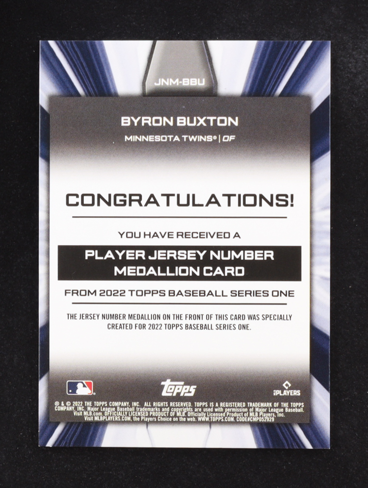Byron Buxton 2022 Topps Commemorative Jersey Number Medallion Series One #JNM-BBU at PristineAuction.com Byron Buxton 2022 Topps Commemorative Jersey Number Medallion Series One #JNM-BBU at PristineAuction.com