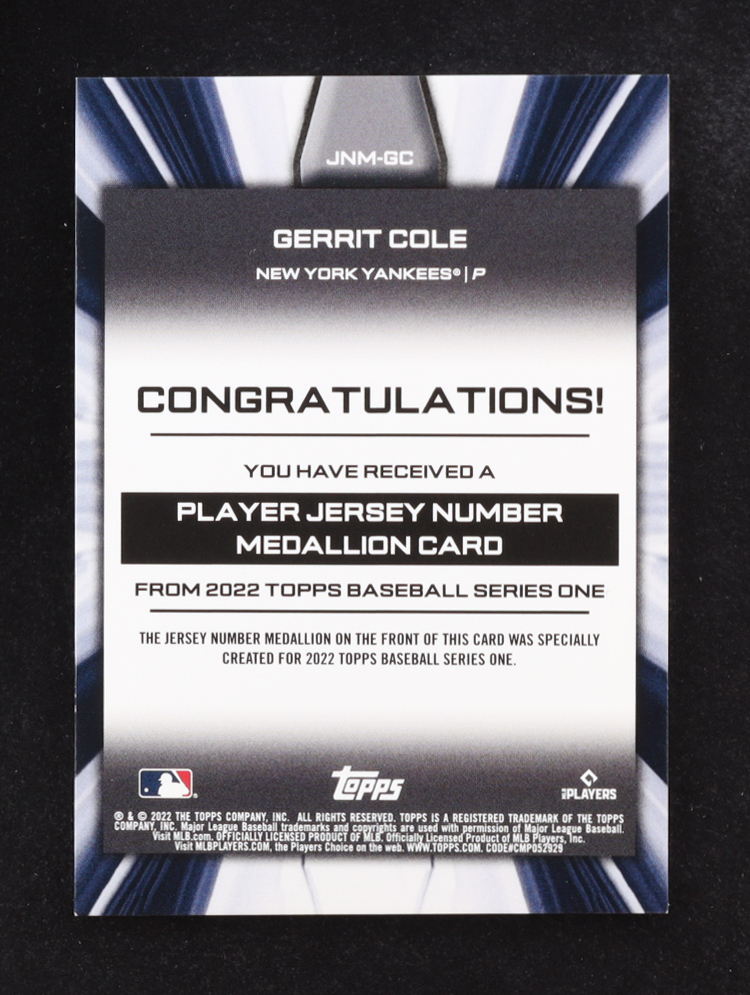 Gerrit Cole 2022 Topps Commemorative Jersey Number Medallion Series One #JNM-GC at PristineAuction.com Gerrit Cole 2022 Topps Commemorative Jersey Number Medallion Series One #JNM-GC at PristineAuction.com